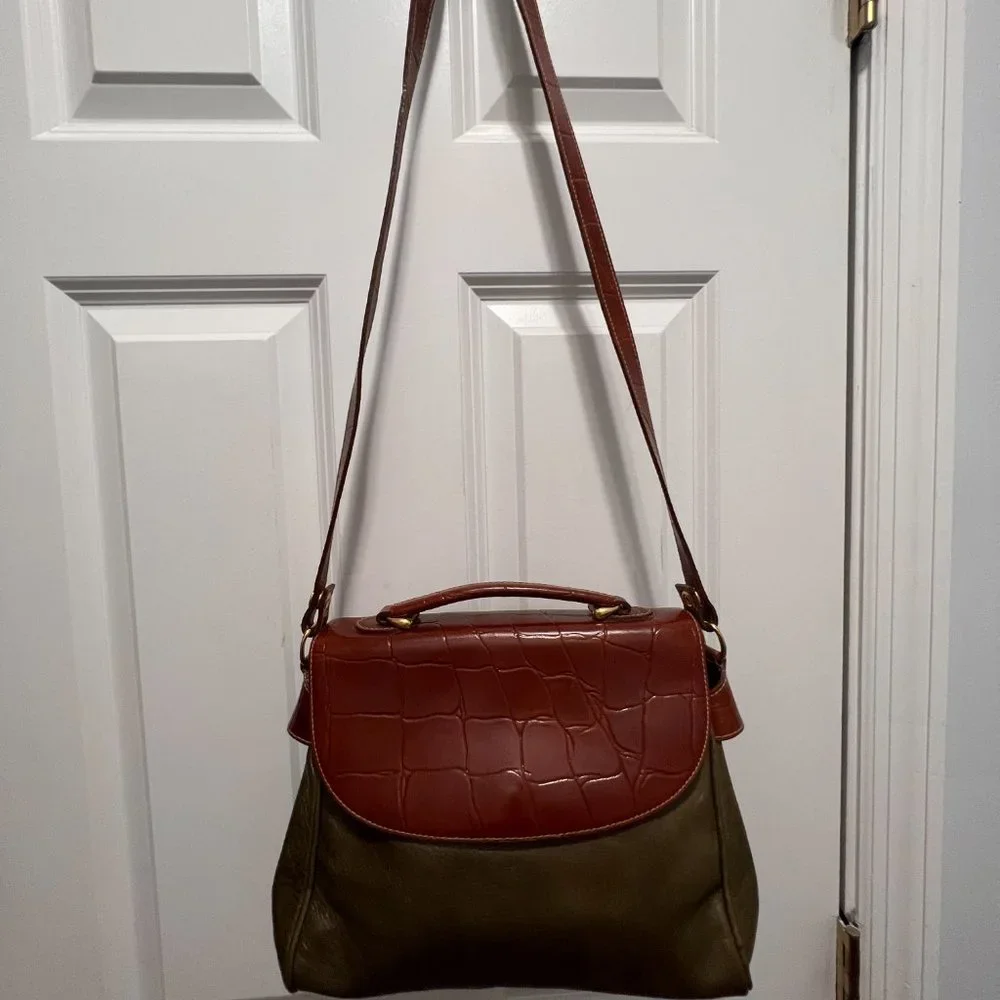 Leather green and tan handbag